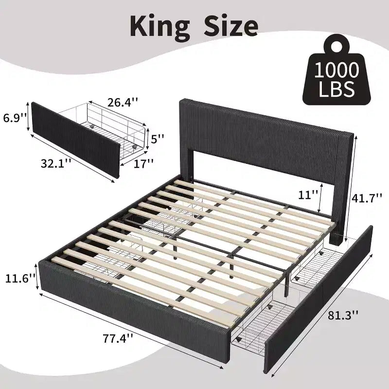 Estructura de cama Wingback de pana negra/marrón/blanquecina con 4 cajones de almacenamiento – Matrimonial, 2 personas