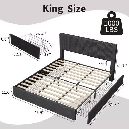 Estructura de cama Wingback de pana negra/marrón/blanquecina con 4 cajones de almacenamiento – Matrimonial, 2 personas