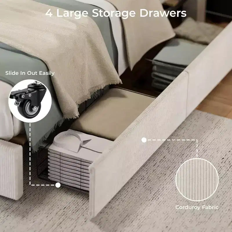 Estructura de cama Wingback de pana negra/marrón/blanquecina con 4 cajones de almacenamiento – Matrimonial, 2 personas