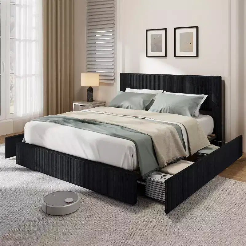 Estructura de cama Wingback de pana negra/marrón/blanquecina con 4 cajones de almacenamiento – Matrimonial, 2 personas
