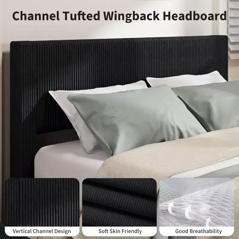 Estructura de cama Wingback de pana negra/marrón/blanquecina con 4 cajones de almacenamiento – Matrimonial, 2 personas