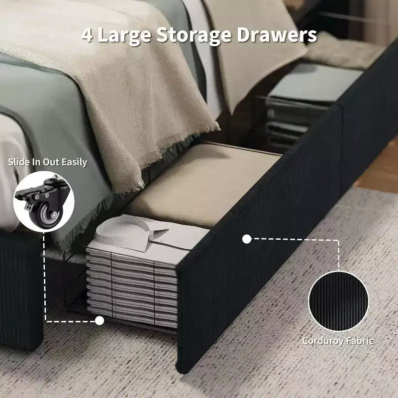 Estructura de cama Wingback de pana negra/marrón/blanquecina con 4 cajones de almacenamiento – Matrimonial, 2 personas