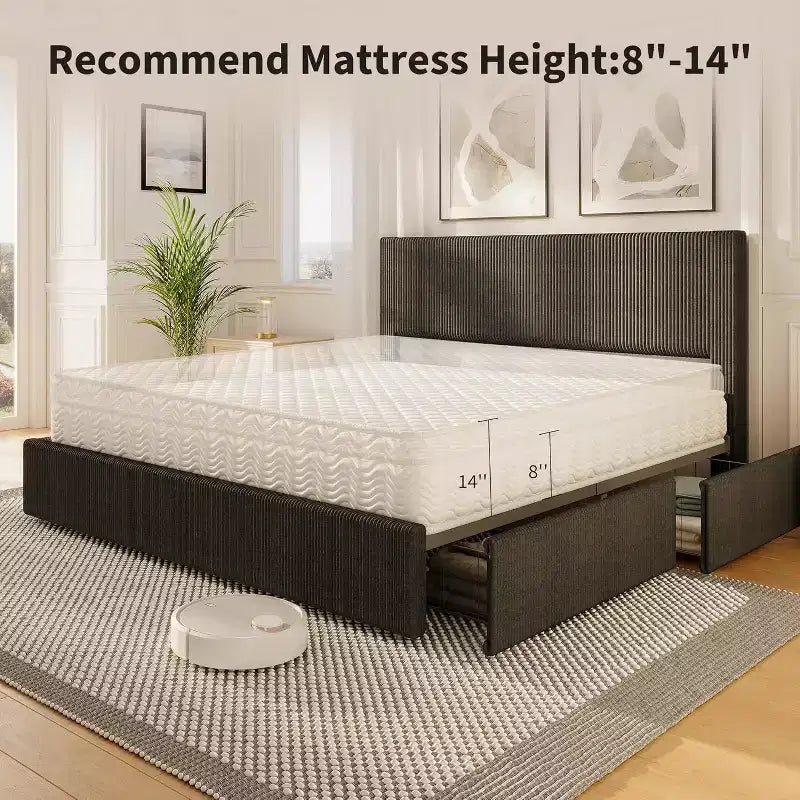 Estructura de cama Wingback de pana negra/marrón/blanquecina con 4 cajones de almacenamiento – Matrimonial, 2 personas