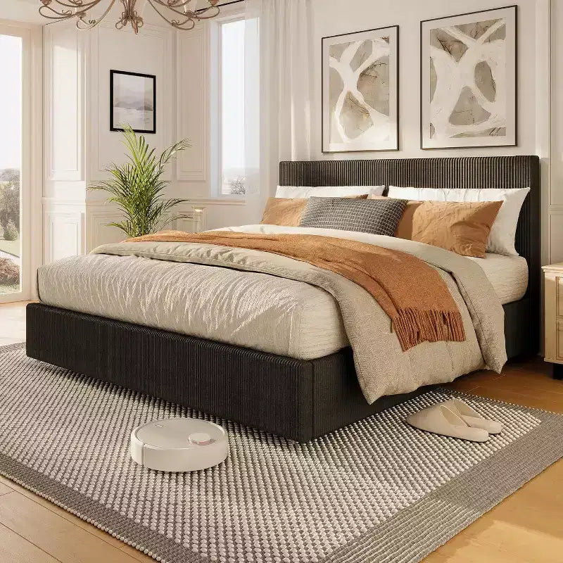 Estructura de cama Wingback de pana negra/marrón/blanquecina con 4 cajones de almacenamiento – Matrimonial, 2 personas