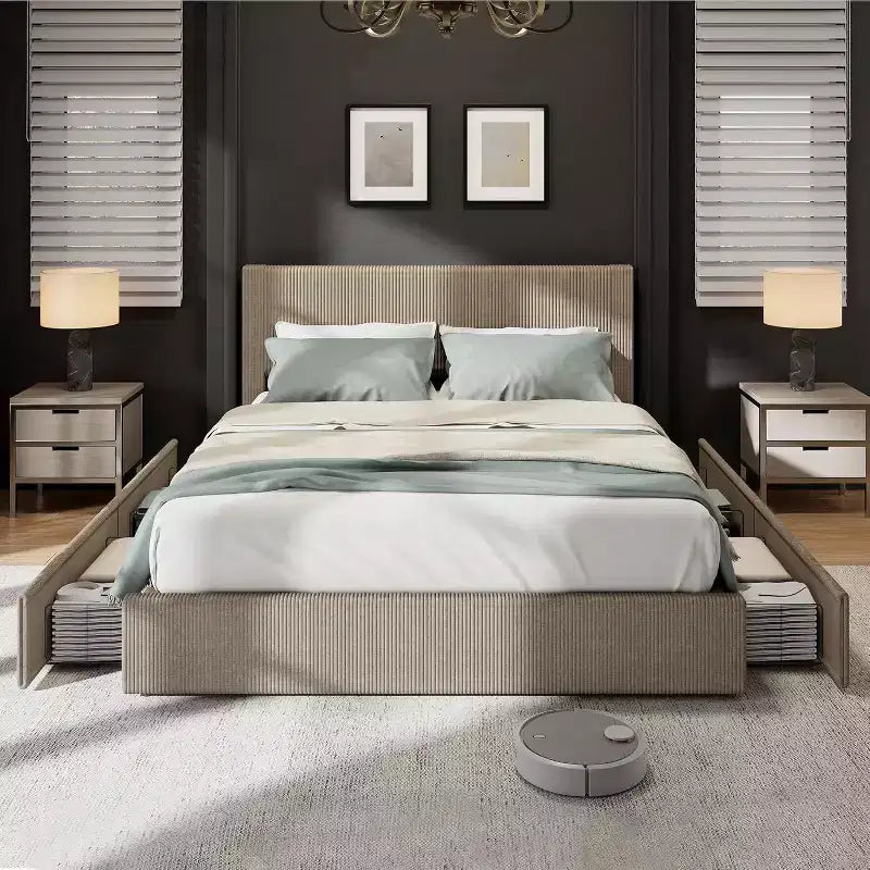 Estructura de cama Wingback de pana negra/marrón/blanquecina con 4 cajones de almacenamiento – Matrimonial, 2 personas