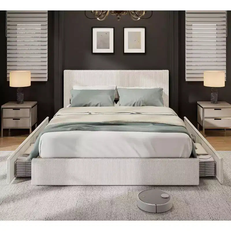 Estructura de cama Wingback de pana negra/marrón/blanquecina con 4 cajones de almacenamiento – Matrimonial, 2 personas