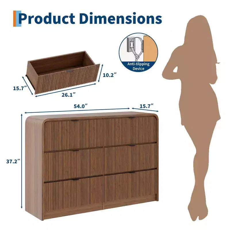 Cómoda ancha de 8 cajones acanalada en nogal/color madera – Estilo moderno, montaje por 1 persona