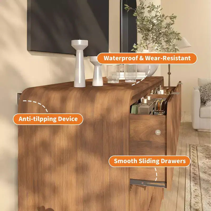 Cómoda ancha de 8 cajones acanalada en nogal/color madera – Estilo moderno, montaje por 1 persona