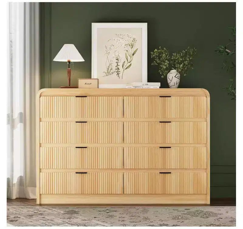 Cómoda ancha de 8 cajones acanalada en nogal/color madera – Estilo moderno, montaje por 1 persona