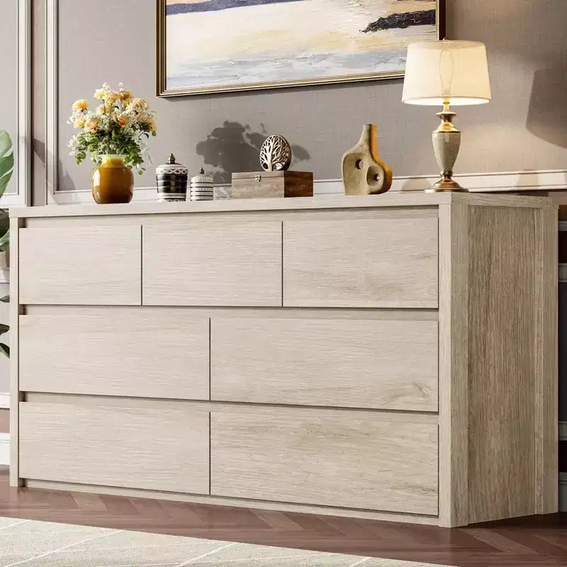 Cómoda de 7 cajones gris/natural/blanco – Cómoda de madera sin tiradores, de un solo uso