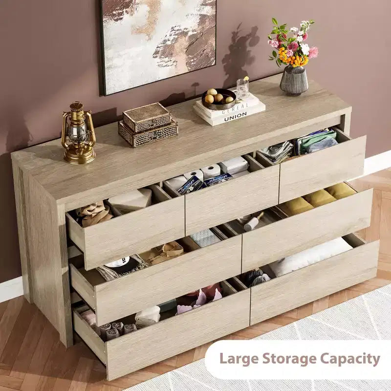 Cómoda de 7 cajones gris/natural/blanco – Cómoda de madera sin tiradores, de un solo uso