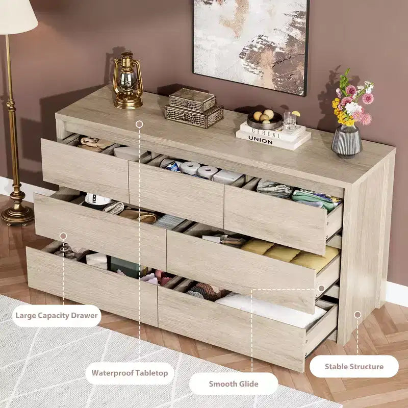 Cómoda de 7 cajones gris/natural/blanco – Cómoda de madera sin tiradores, de un solo uso