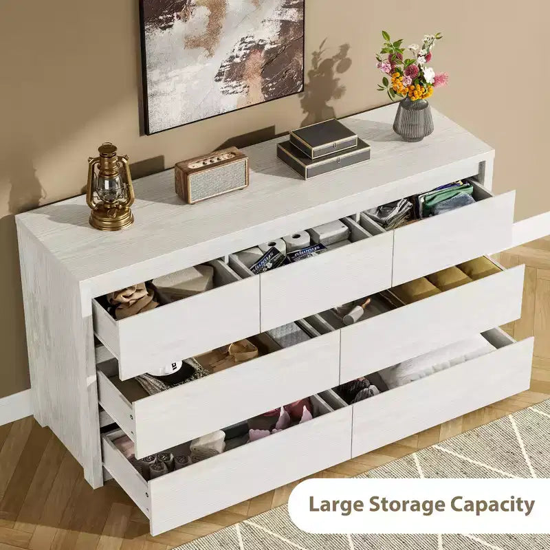 Cómoda de 7 cajones gris/natural/blanco – Cómoda de madera sin tiradores, de un solo uso