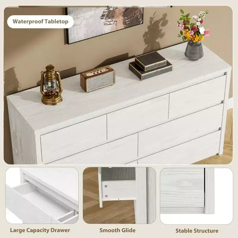 Cómoda de 7 cajones gris/natural/blanco – Cómoda de madera sin tiradores, de un solo uso