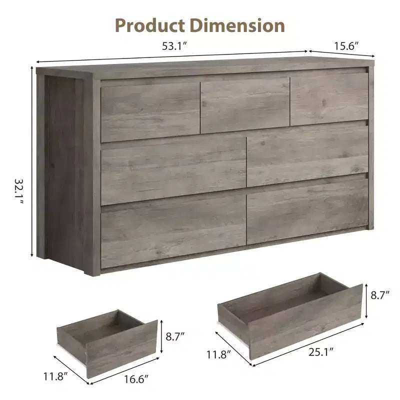 Cómoda de 7 cajones gris/natural/blanco – Cómoda de madera sin tiradores, de un solo uso