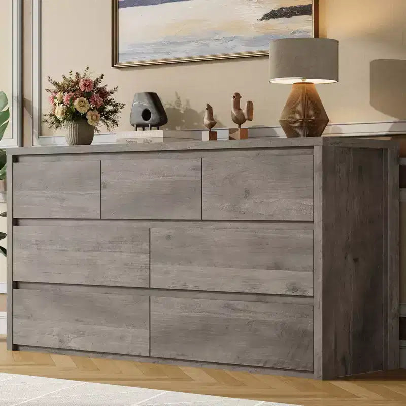 Cómoda de 7 cajones gris/natural/blanco – Cómoda de madera sin tiradores, de un solo uso