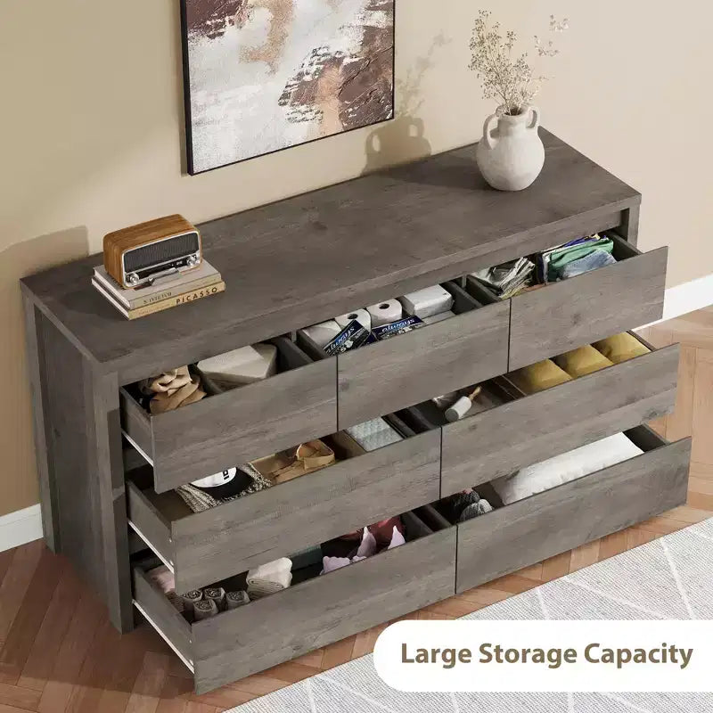 Cómoda de 7 cajones gris/natural/blanco – Cómoda de madera sin tiradores, de un solo uso