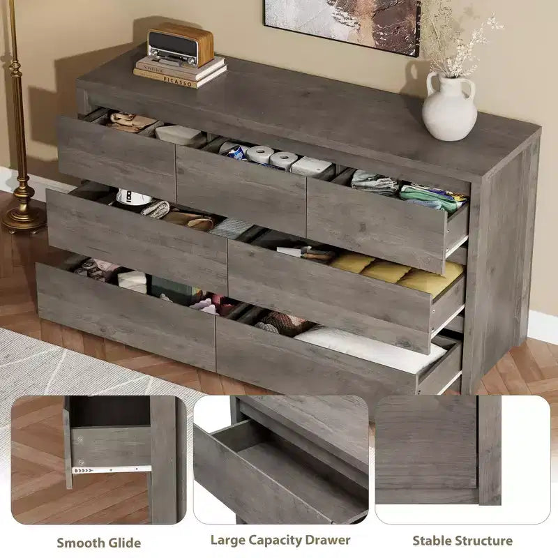 Cómoda de 7 cajones gris/natural/blanco – Cómoda de madera sin tiradores, de un solo uso