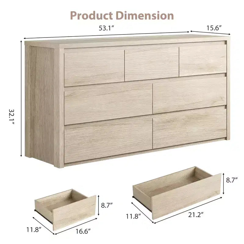 Cómoda de 7 cajones gris/natural/blanco – Cómoda de madera sin tiradores, de un solo uso
