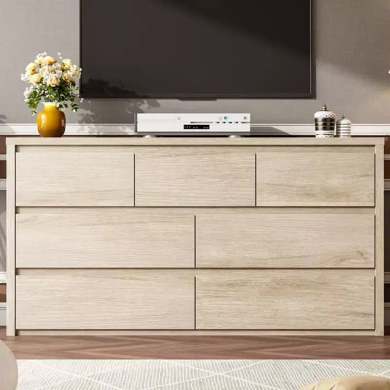 Cómoda de 7 cajones gris/natural/blanco – Cómoda de madera sin tiradores, de un solo uso