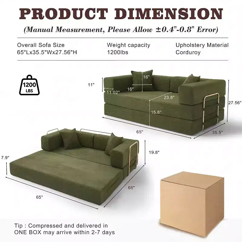 Sofá Cama Plegable de Pana, 2 plazas, 165 cm ancho – Beige / Verde / Gris / Naranja