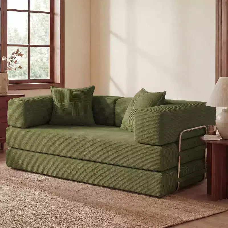 Sofá Cama Plegable de Pana, 2 plazas, 165 cm ancho – Beige / Verde / Gris / Naranja