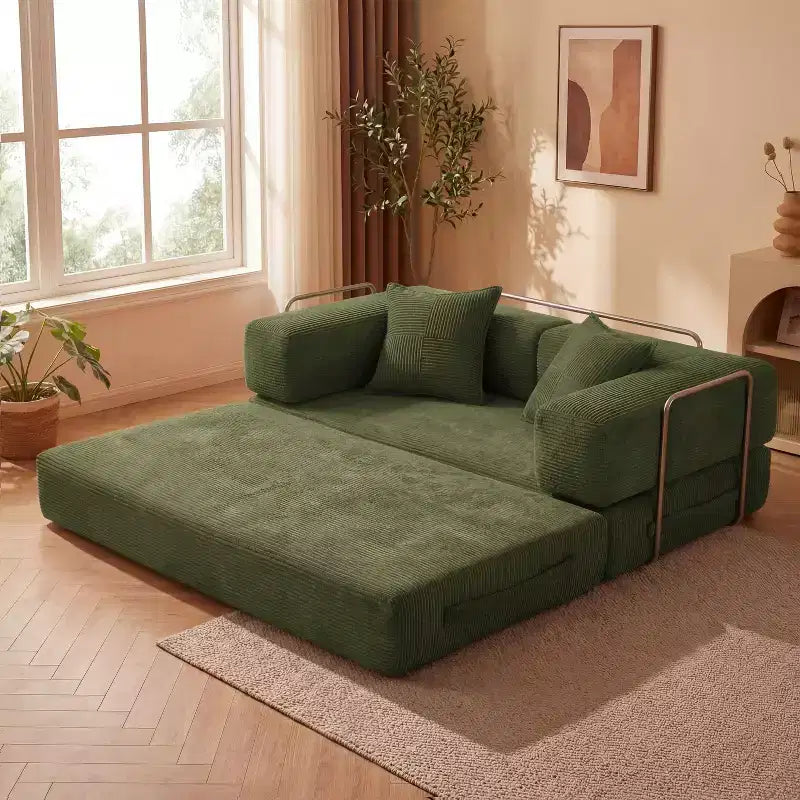 Sofá Cama Plegable de Pana, 2 plazas, 165 cm ancho – Beige / Verde / Gris / Naranja