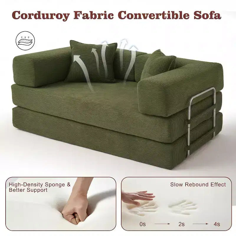 Sofá Cama Plegable de Pana, 2 plazas, 165 cm ancho – Beige / Verde / Gris / Naranja
