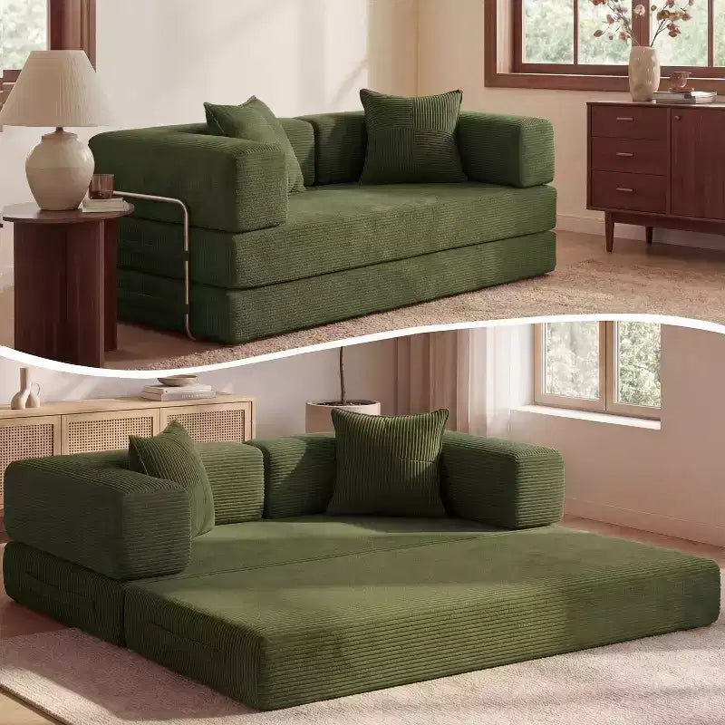 Sofá Cama Plegable de Pana, 2 plazas, 165 cm ancho – Beige / Verde / Gris / Naranja