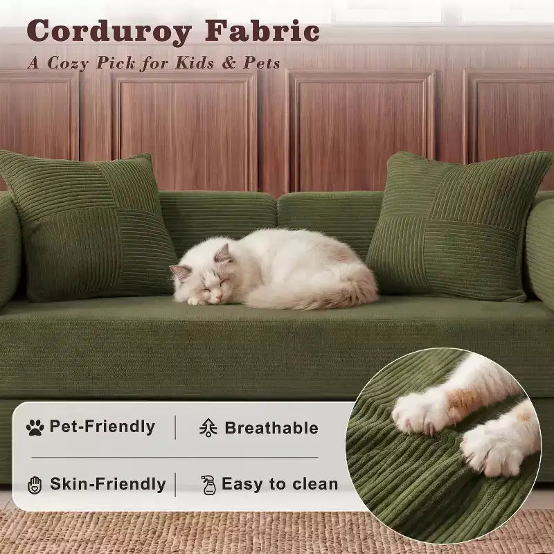 Sofá Cama Plegable de Pana, 2 plazas, 165 cm ancho – Beige / Verde / Gris / Naranja