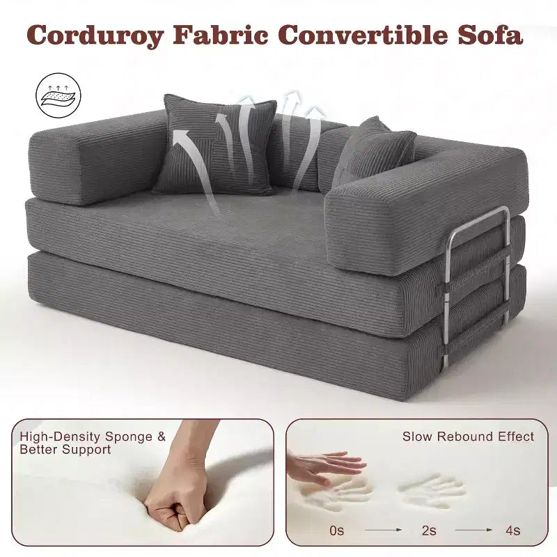Sofá Cama Plegable de Pana, 2 plazas, 165 cm ancho – Beige / Verde / Gris / Naranja