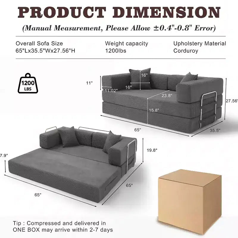 Sofá Cama Plegable de Pana, 2 plazas, 165 cm ancho – Beige / Verde / Gris / Naranja