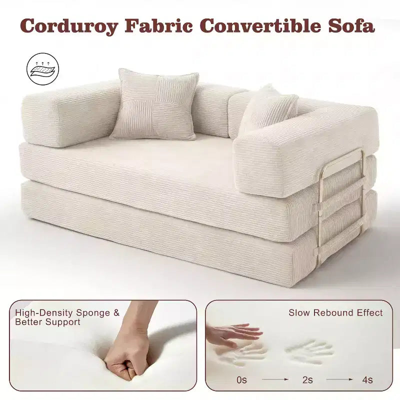 Sofá Cama Plegable de Pana, 2 plazas, 165 cm ancho – Beige / Verde / Gris / Naranja