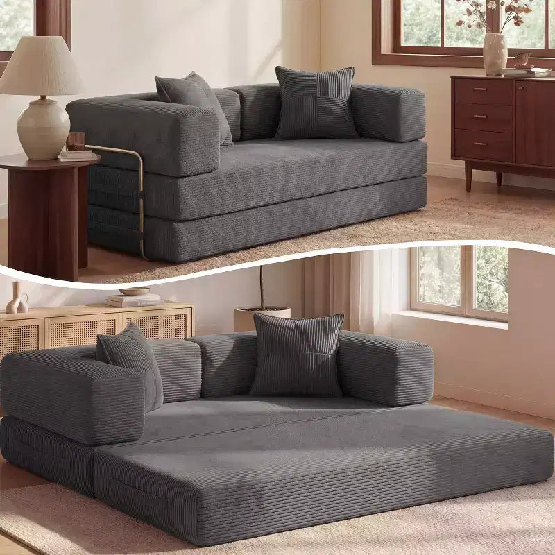 Sofá Cama Plegable de Pana, 2 plazas, 165 cm ancho – Beige / Verde / Gris / Naranja
