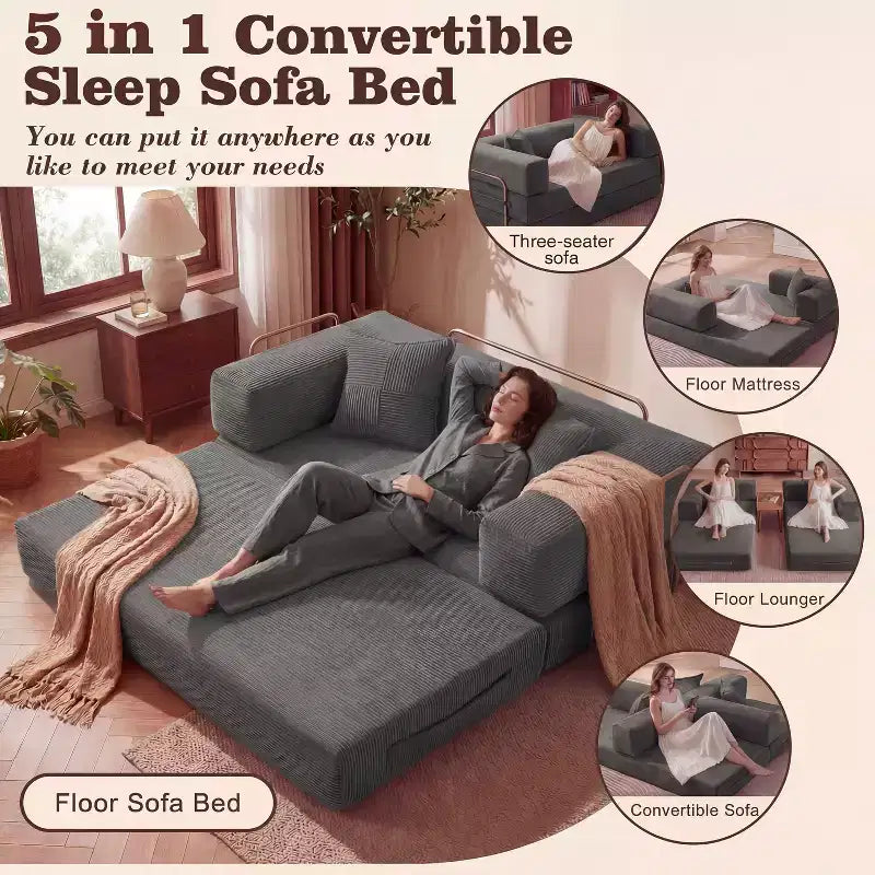 Sofá Cama Plegable de Pana, 2 plazas, 165 cm ancho – Beige / Verde / Gris / Naranja