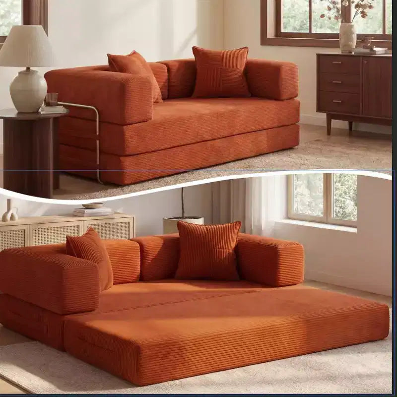 Sofá Cama Plegable de Pana, 2 plazas, 165 cm ancho – Beige / Verde / Gris / Naranja
