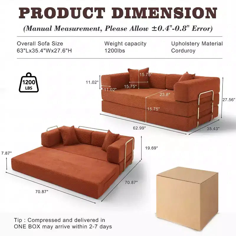 Sofá Cama Plegable de Pana, 2 plazas, 165 cm ancho – Beige / Verde / Gris / Naranja