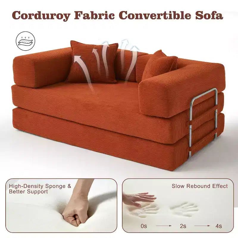 Sofá Cama Plegable de Pana, 2 plazas, 165 cm ancho – Beige / Verde / Gris / Naranja