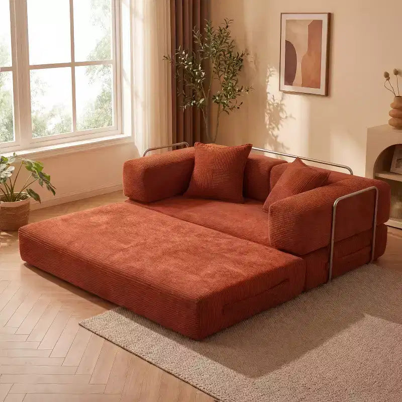Sofá Cama Plegable de Pana, 2 plazas, 165 cm ancho – Beige / Verde / Gris / Naranja