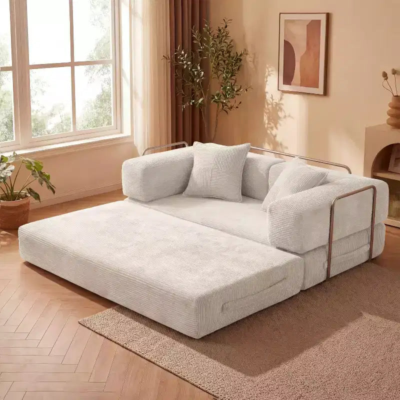 Sofá Cama Plegable de Pana, 2 plazas, 165 cm ancho – Beige / Verde / Gris / Naranja