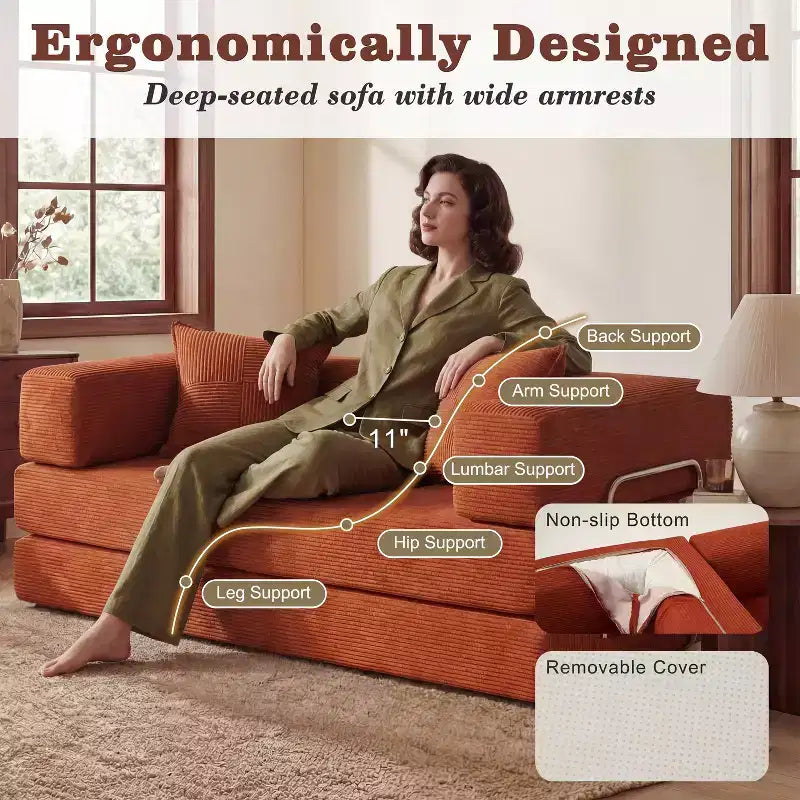 Sofá Cama Plegable de Pana, 2 plazas, 165 cm ancho – Beige / Verde / Gris / Naranja