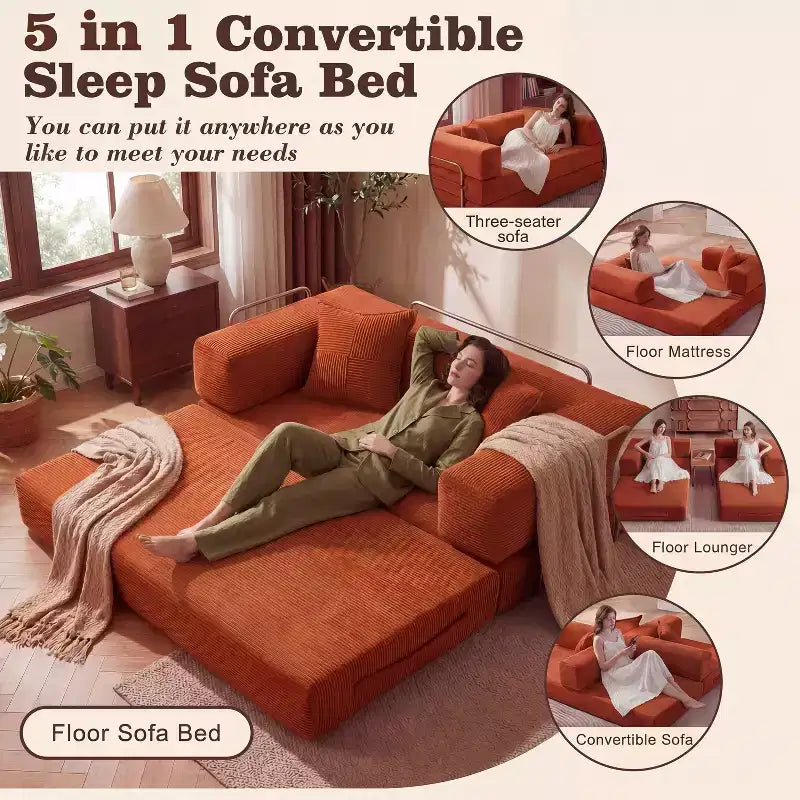 Sofá Cama Plegable de Pana, 2 plazas, 165 cm ancho – Beige / Verde / Gris / Naranja