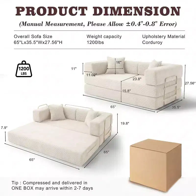 Sofá Cama Plegable de Pana, 2 plazas, 165 cm ancho – Beige / Verde / Gris / Naranja