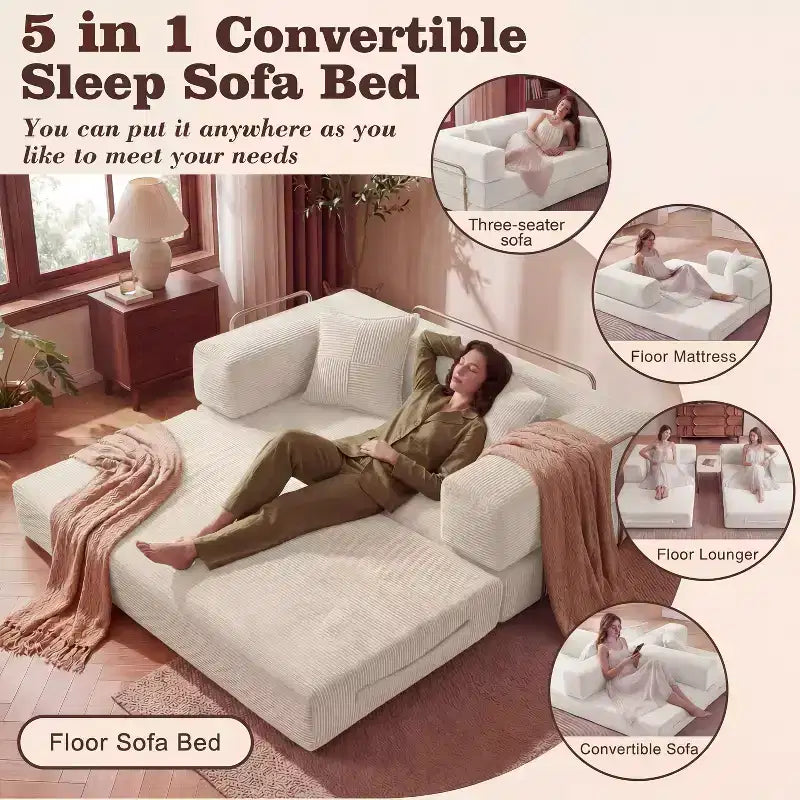 Sofá Cama Plegable de Pana, 2 plazas, 165 cm ancho – Beige / Verde / Gris / Naranja