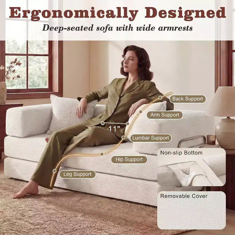 Sofá Cama Plegable de Pana, 2 plazas, 165 cm ancho – Beige / Verde / Gris / Naranja