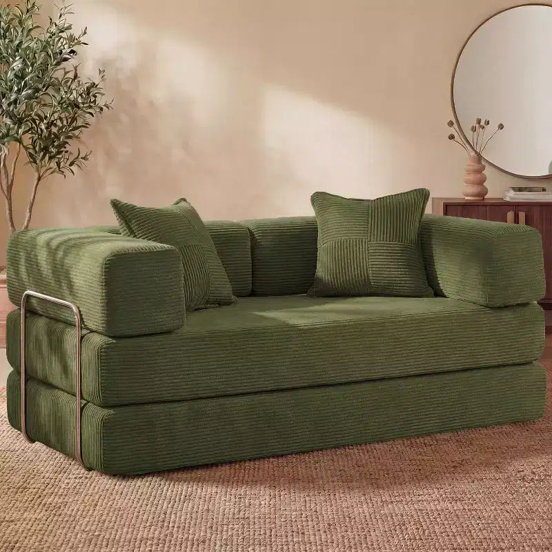Sofá Cama Plegable de Pana, 2 plazas, 165 cm ancho – Beige / Verde / Gris / Naranja