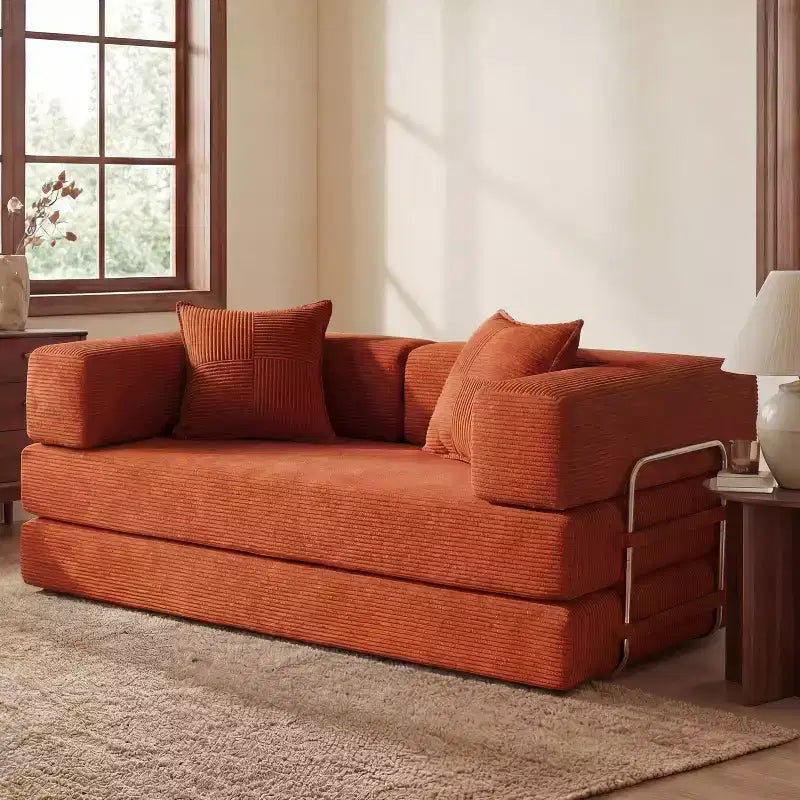Sofá Cama Plegable de Pana, 2 plazas, 165 cm ancho – Beige / Verde / Gris / Naranja