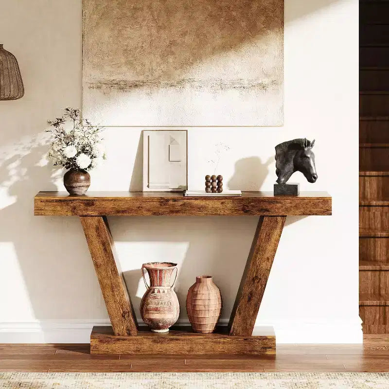 Mesa consola de 63", roble natural/marrón rústico, mesa estrecha para sofá y entrada