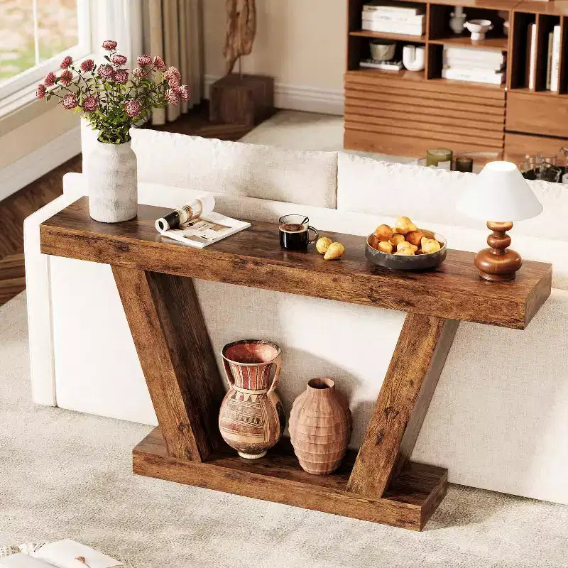Mesa consola de 63", roble natural/marrón rústico, mesa estrecha para sofá y entrada