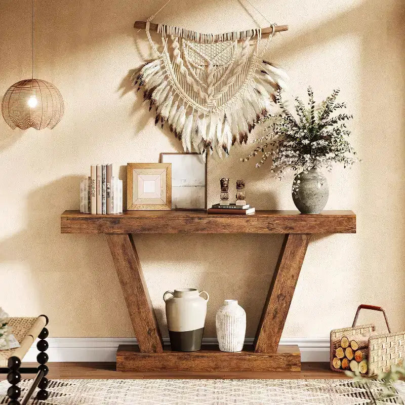Mesa consola de 63", roble natural/marrón rústico, mesa estrecha para sofá y entrada